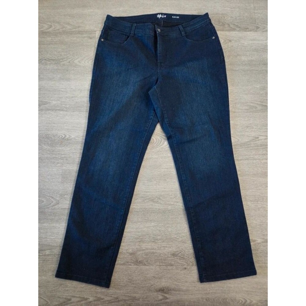 Style & Co Slim Leg Jeans Women's 14W Dark Blue Denim Stretch 5 Pocket